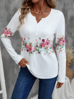 EMERY ROSE Women Floral Print Notch Neck Long Sleeve T-Shirt Size (L)