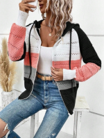 EMERY ROSE Contrast Color Striped Drawstring Hooded Zipper Knitted Cardigan Size(M)