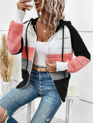 EMERY ROSE Contrast Color Striped Drawstring Hooded Zipper Knitted Cardigan Size(M)