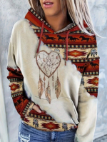 Heart & Feather Print Kangaroo Pocket Drop Shoulder Drawstring Hoodie,Long Sleeve Tops Size(L)