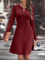 EMERY ROSE Women's Casual Knitted Dress With Cable Cable Pattern, Long Sleeve, Round Neck, (L)