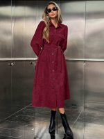 Chiquease Women's Solid Color Long Sleeve Single-Breasted Belted Casual Mid-Length Shirt Dress (L)