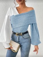 SHEIN Essnce Two Tone Foldover Asymmetrical Neck Lantern Sleeve Top