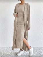 SHEIN EZwear Women's Knitted two-piece set of long sleeve Long coat and split side tank dress