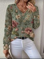 Elegant Floral Print V-neck Long Sleeve Sweater