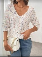 كنزة صوفية نسائية من SHEIN LUNE بياقة على شكل حرف V مزينة بكرات ملونة، أنيقة للارتداء اليومي (L)