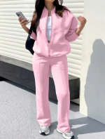 2pcs Set: Solid Color Minimalist Hoodie Jacket Top And Straight Leg Pants, Fashion Outfit For Spring, Autumn, Winter